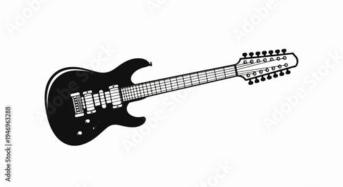 A stark black and white illustration of a 12-string electric guitar with detailed strings and tuners