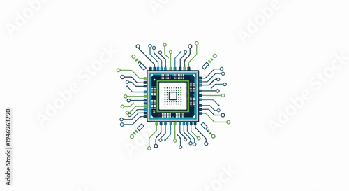 Stylized illustration of a microchip with radiating circuit lines in blue and green on white background