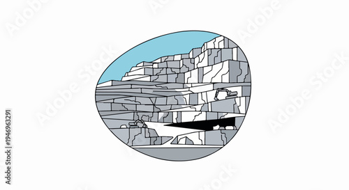 Abstract illustration of rock formations or cave entrance with blue sky in an oval frame