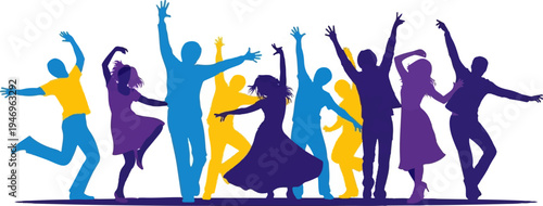 Vibrant silhouetted people in blue, yellow, and purple dancing, celebrating, and having fun together