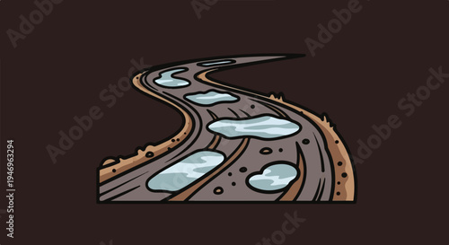 A winding, stylized road with numerous puddles after rain, rendered in a cartoonish illustration style