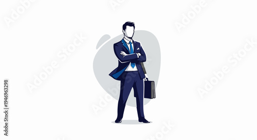 Illustration of a confident businessman in a blue suit, arms crossed, holding a briefcase