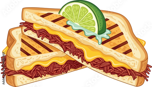 Two delicious grilled sandwiches, filled with shredded meat and melted cheese, garnished with a lime slice and drizzle