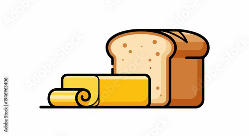 An illustration featuring a whole loaf of bread, a single slice, and a stick of butter with a curl