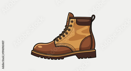 Cartoon style illustration of a single brown and tan lace-up work boot with a thick sole on a white background