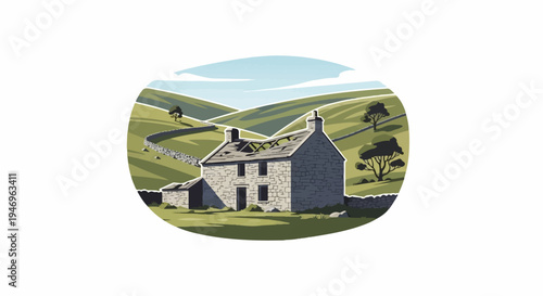Illustration of an old stone house with a damaged roof amidst rolling green hills under a blue sky