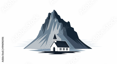 Minimalist illustration of a small church with a steeple nestled against a large, rugged mountain
