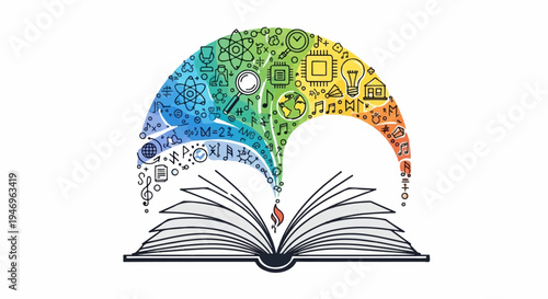 Open book with a colorful arch of diverse knowledge symbols, representing learning, creativity, and imagination