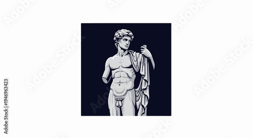 A detailed, pixel-art style illustration of a classical marble statue of a male figure with a draped cloth