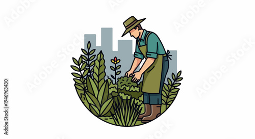 An illustrated gardener in a hat and apron tends to vibrant plants in a rounded urban garden scene