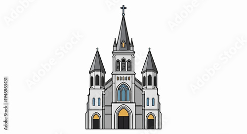 Vector illustration of a majestic church building featuring tall spires, a prominent central tower, and intricate archways