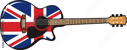 An illustrated acoustic guitar body featuring the distinct red, white, and blue national flag pattern