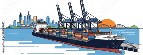 Vector illustration of a large cargo ship docked at a busy port with cranes, city skyline, and bridge