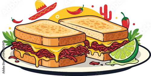 Vibrant cartoon of two cheesy meat sandwiches with a lime, sombrero, peppers, and cactus on a plate