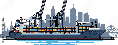 Flat illustration of a large container ship docked at a busy port with cranes and a city skyline