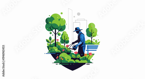 Stylized illustration of a person gardening amidst lush plants and flowers in a city park setting