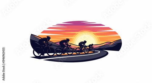 Pixel art illustration of four cyclists riding on a winding road with mountains at a vibrant sunset