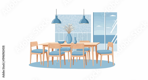 Minimalist dining room with wooden table and chairs, decorated with vases, hanging lights, and a large window