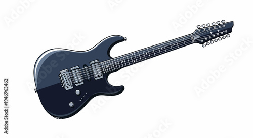 Pixel art illustration of a dark electric 12-string guitar, angled upwards right on a white background