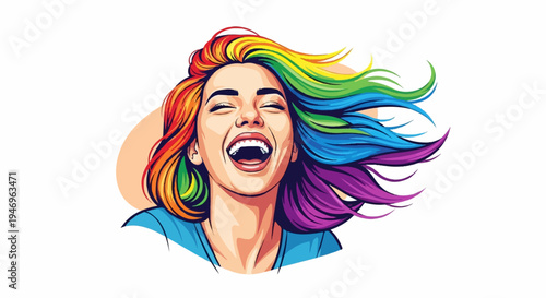 Vibrant illustration of a joyful woman with flowing rainbow hair and a wide, happy laugh