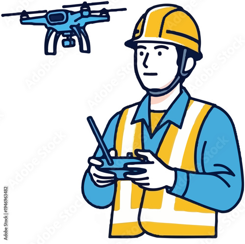 Illustration of a worker in a hard hat and safety vest operating a drone with a remote control