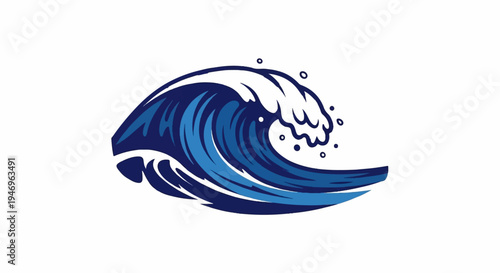 Stylized ocean wave illustration with dark and light blue hues, white foam, and splashing water droplets
