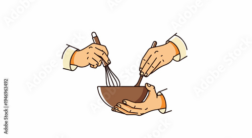An illustration showing multiple hands preparing food, one holding a bowl, another whisking, and a third stirring