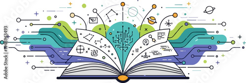 An open book illustration with science, technology, and space elements bursting out, surrounded by abstract lines