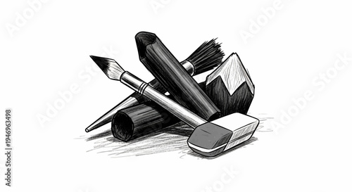 A monochrome sketch of art supplies brushes, pencil, and eraser, forming a creative jumble