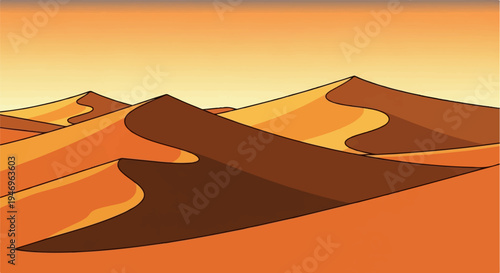 Stylized desert landscape featuring rolling sand dunes with warm hues under an expansive, clear sky