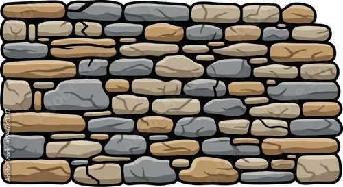 A stylized, textured wall built from an assortment of brown, beige, and gray rounded stones with black mortar