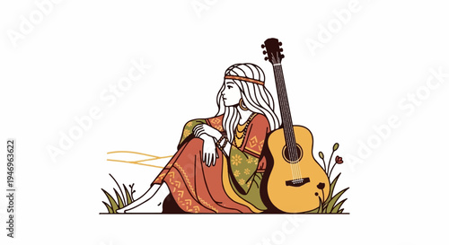 Illustration of a relaxed woman in a bohemian dress sitting with an acoustic guitar in nature