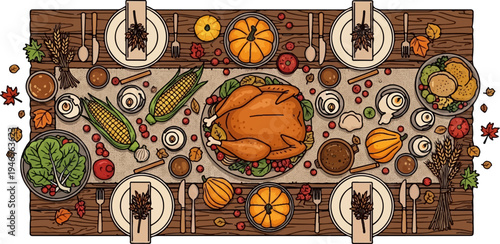 An overhead illustration of a Thanksgiving dinner table set with a roasted turkey, side dishes, and autumn decor