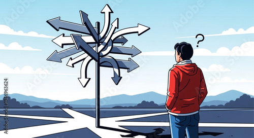 Man standing at crossroads decision.