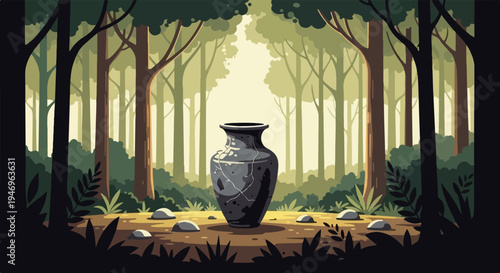 A pixel art scene featuring a cracked grey pot centered on a forest floor, bathed in soft light