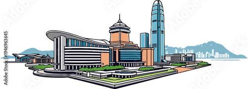 Cartoon style cityscape featuring various buildings, a skyscraper, park areas, and a background of mountains