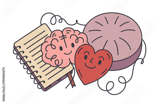 Cute brain and heart characters with notebook and round object representing emotional intelligence and learning flat illustration for education and wellness concepts