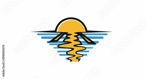 Abstract graphic of a yellow sun rising or setting over blue water with a wavy golden reflection