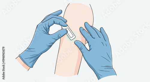Two gloved hands carefully applying a small rectangular patch to a person's upper arm, with a faint glow