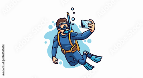 Cartoon man snorkeling in a blue wetsuit and fins, taking a selfie underwater with his phone, surrounded by bubbles
