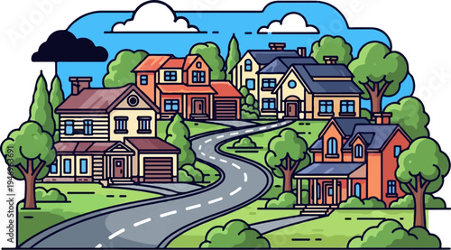 A cheerful illustration of a vibrant neighborhood with colorful houses, green trees, and a winding road under a blue sky