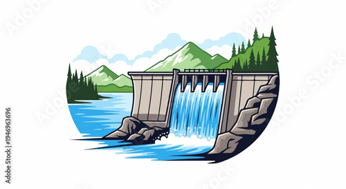 An illustration of a large dam with water flowing, surrounded by serene mountains, pine trees, and a lake