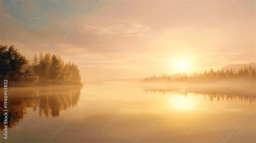 Obraz premium Serene sunrise on calm river. Artificial intelligence image