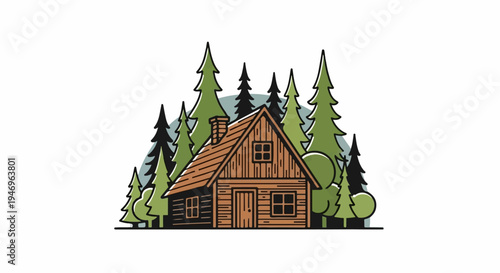 An illustration of a rustic wooden cabin nestled among various evergreen trees under a minimalist sky
