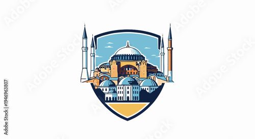 Illustration of an iconic domed building with minarets, set within a crest-like shape