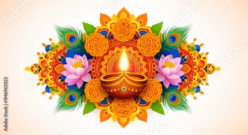 Colorful Indian-inspired festive arrangement with a lit diya, lotus flowers, marigolds, and peacock feathers