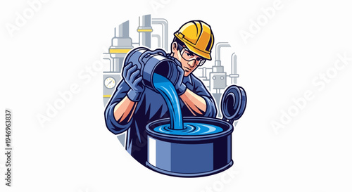 An illustration of an industrial worker in safety gear pouring blue liquid from a jug into a large drum at a plant