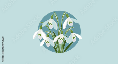 An illustration of a cluster of white snowdrop flowers with green stems inside a teal circle on a light blue background