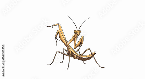 An illustrated praying mantis with a brown and beige body stands on a white background, isolated