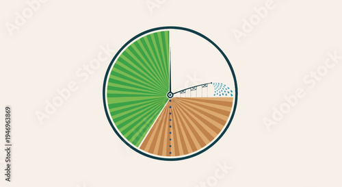 Illustration of a farm cycle, showcasing green crops, brown soil, and an efficient irrigation system